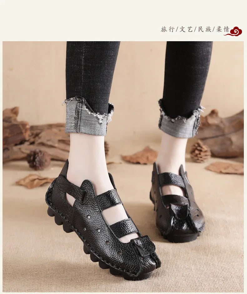 Summer Fashion Sandals 2024 New Leather Women's Shoes Soft Bottom Flat Personality Casual Women's Sandals Retro Handmade Sandals