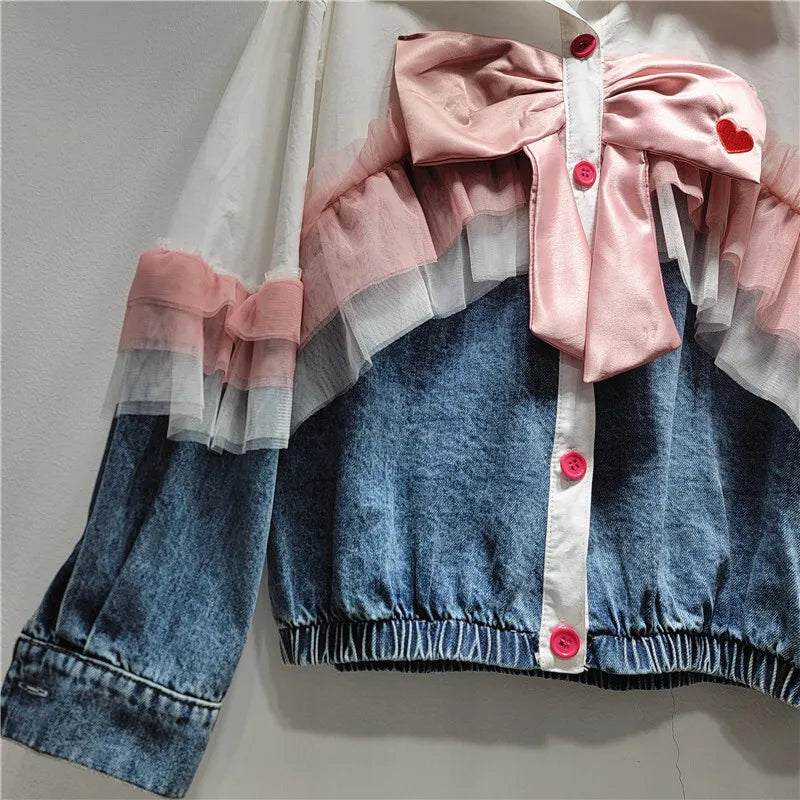 WTHT Fashion Women's Spliced Bows Mesh Edge Denim Jacket 2025 Spring Trendy Lapel Long Sleeves Loose Coat Female 1LS951