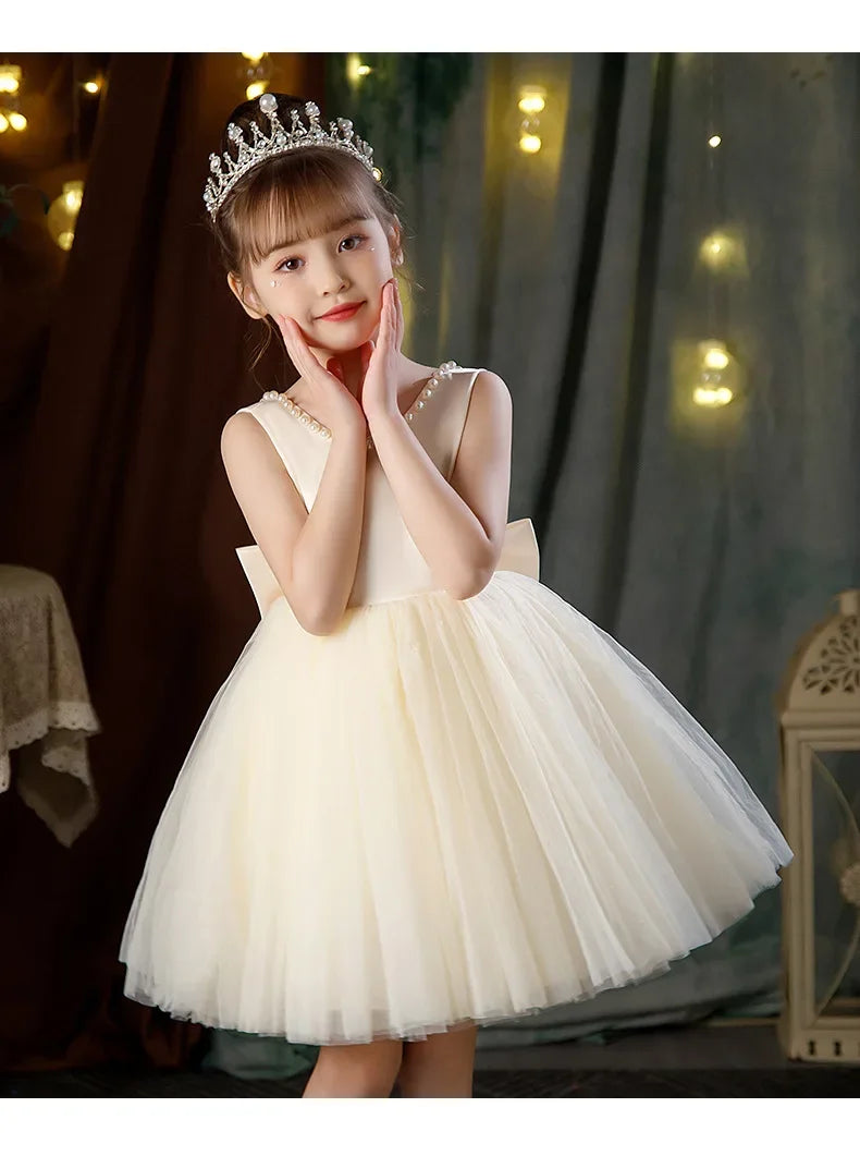 New Girls Princess Dress Summer Tulle Big Bow Girls Wedding Dress Piano Performance Costume Host Costume 2-10 Years Kids Clothes