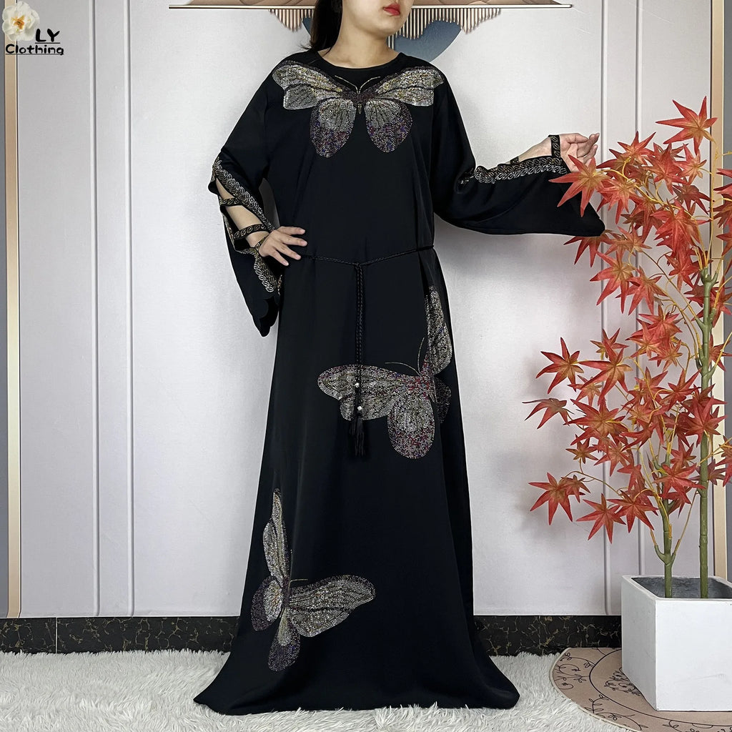 2025New Dubai Muslim Women Elegant Dress African Abaya Loose Butterfly Pattern Diamond Islamic Long Sleeve Turkey Femme Clothing