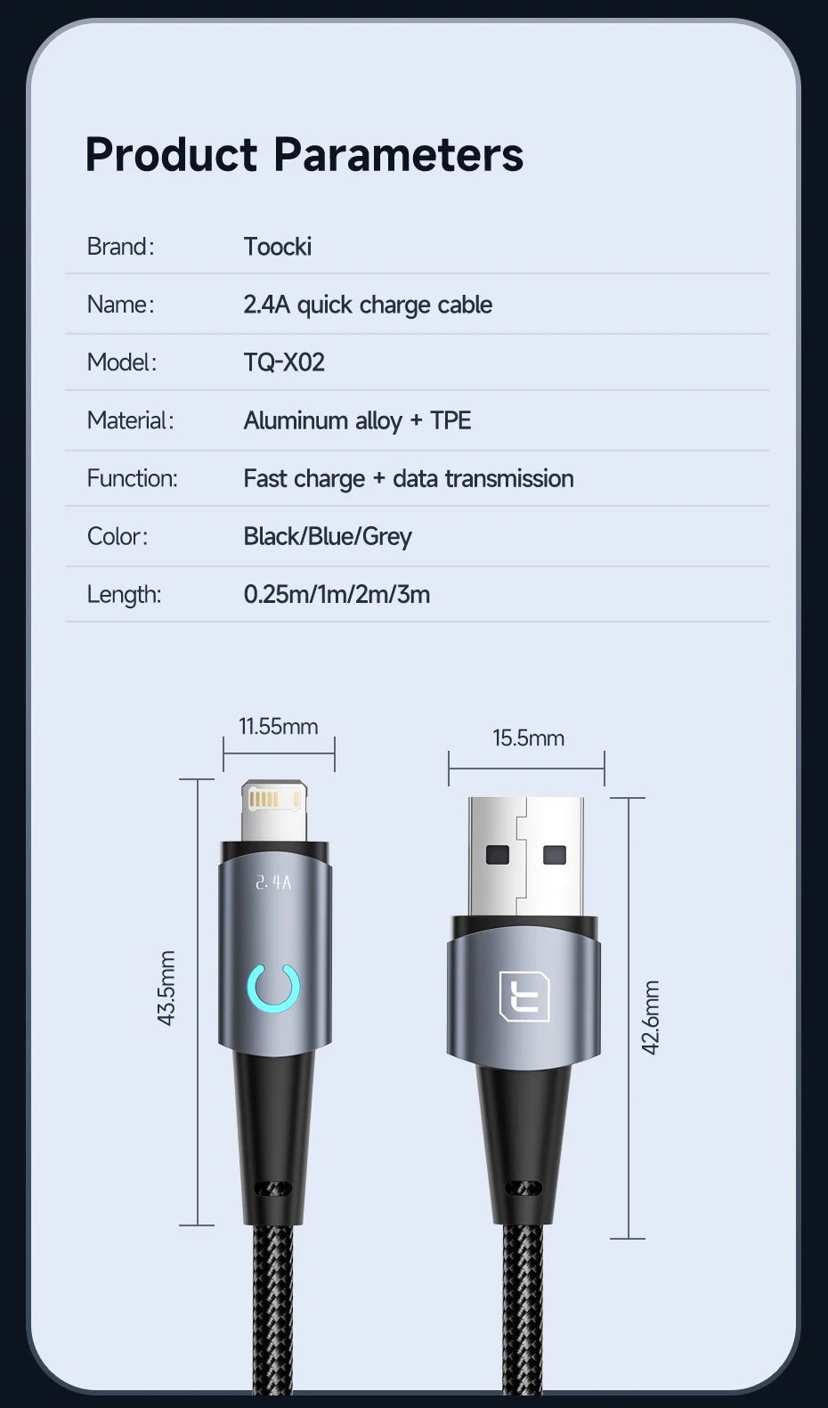 Toocki USB to Lighting or Type C Cable for iPhone 14 13 12 Pro Max 8 7 plus Led Charger USB C Cable Fast Charging Cable 1m 2m