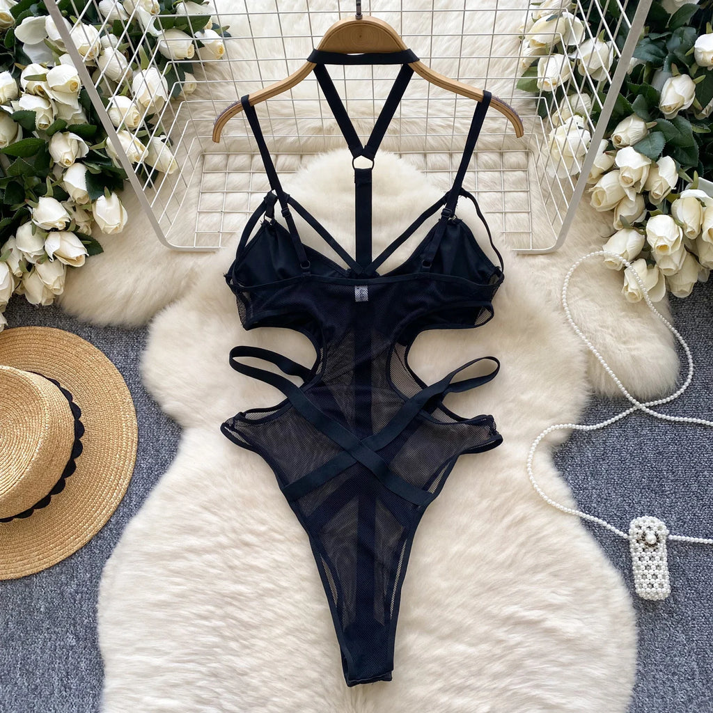 Sexy Hollow out Bridesmaid  Swimsuit Women's Pure Desire Spicy Girl Inner Wear Base Top See tough Net Strap