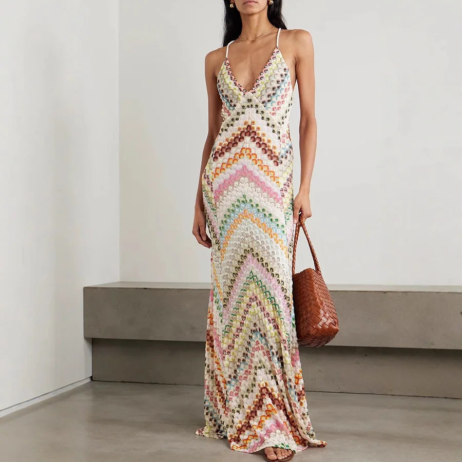 Spring Summer Female Boho Maxi Dresses Retro Sleeveless Women Holiday Long Skirt Sexy Deep V Neck Casual Party Dress Streetwear