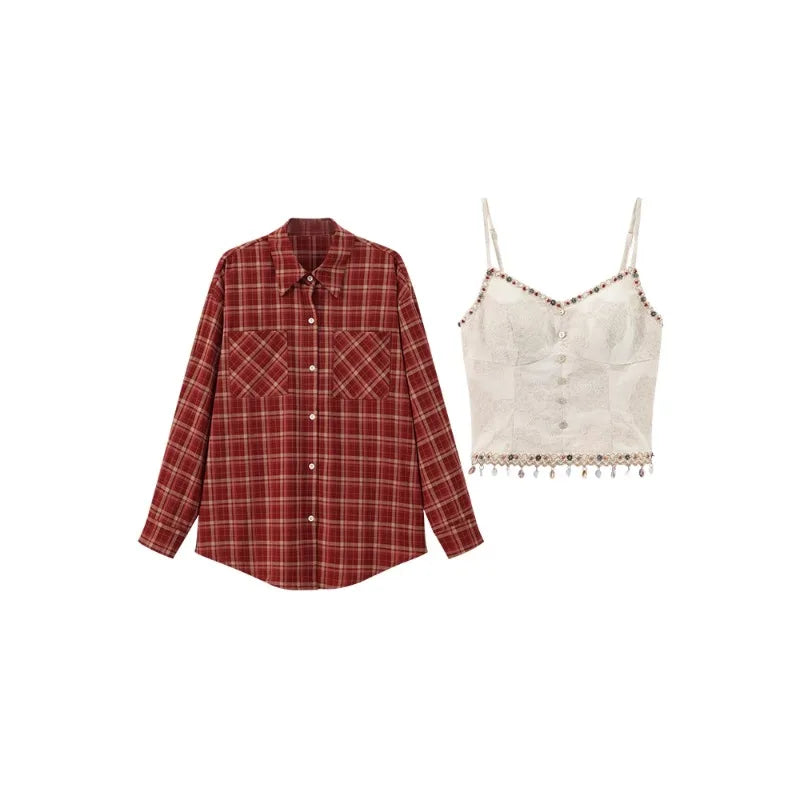 White Lace Three-Piece Set Spring Summer Slim Fit V-Neck Lace Cami Top High-Waisted A-Line Maxi Skirt Chic Red Fashion Shirt