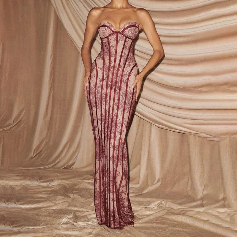 Women Strapless Tulle Fishbone Dress Backless Off Shoulder Printed Patchwork Slim Maxi Dresses 2026 Lady Chic Party Evening Gown