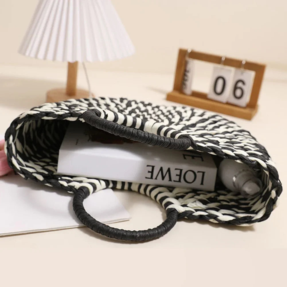 Women Straw Tote Handbag Large Capacity Semi-Circle Woven Bag Color Clash Semicircle Weaving Bag Summer Beach Handbag