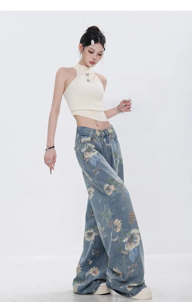 Fashion Printed Jeans 2025 Retro Floral Denim Mopping Trousers Korean Style High Street Loose Hip Hop Wide-leg Jean Pants