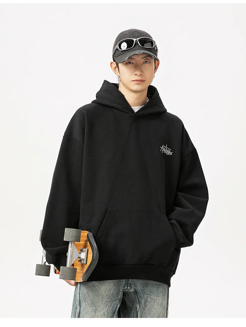 400G Heavy Thick Letter Embroidered Hoodies for Men's Autumn Winter Style American Trendy Couple Loose Hoodie Coat