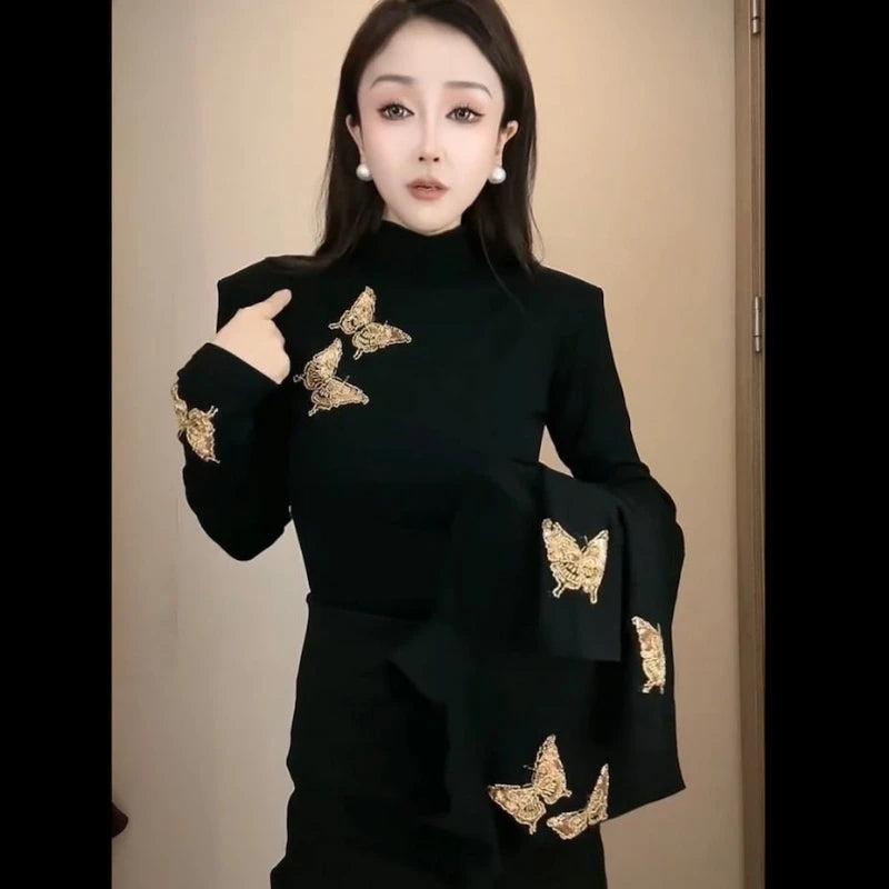Autumn Winter Half High Collar Long Sleeve Fashion T-Shirts Women High Street Casual Embroidered Patchwork All-match Pullovers