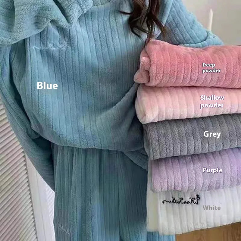 Autumn/Winter New Arrivals: Women's Warm Set Coral Fleece Pyjamas Thickened Thermal Striped Loungewear Set for Young Women