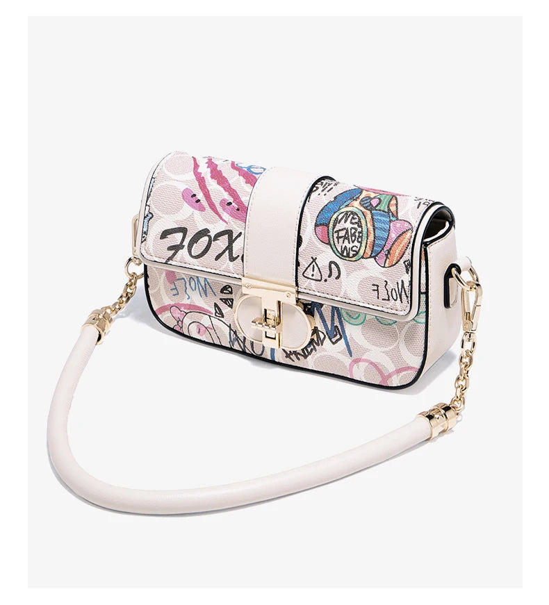 FOXER 2026 Fashion New Women's Underarm Bag PU Leather Graffiti Lady Chain Shoulder Bag Trendy Niche Design Crossbody Bag