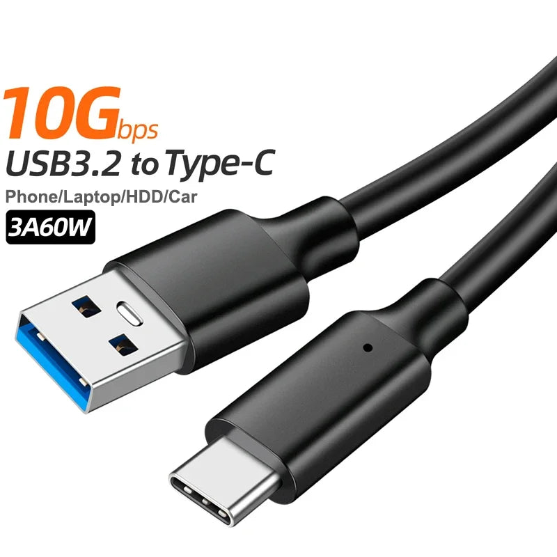 كابل USB3.2 10Gbps، كابل USB نوع A إلى USB C 3.1/3.2 Gen2، كابل نقل بيانات لمحرك الأقراص الصلبة SSD بمنفذ USB C، شحن سريع 3 أمبير 60 واط QC 3.0