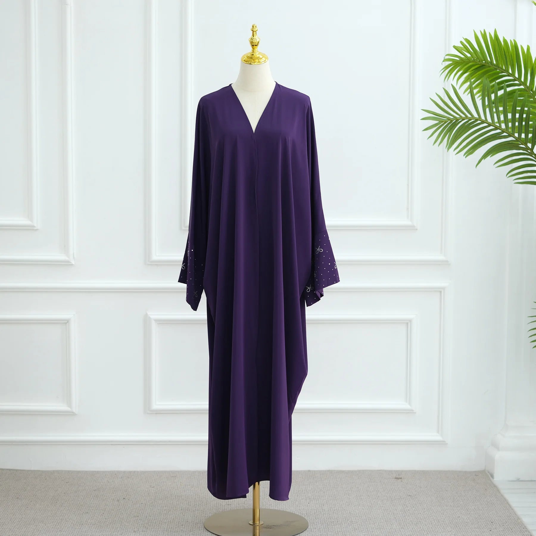 Luxury Dubai Abaya with Beaded Bow Modest Dress for Muslim Women Elegant Open Front Cover Cardigan Fashion Plain Turkey Outfit