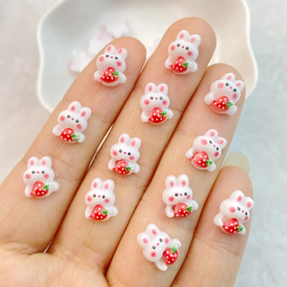 30Pcs Nail Art Accessories Cute mixed color cartoon strawberry rabbit Manicure Design Decorations Resin 3D Charm for Nails DIY
