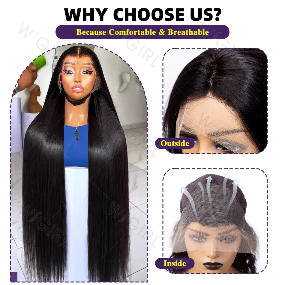 Wigirl HD 30 40 Inch Straight 13x6 Human Hair Lace Frontal Wigs 200% Brazilian Remy PrePlucked 13x4 Lace Front Wig For Women