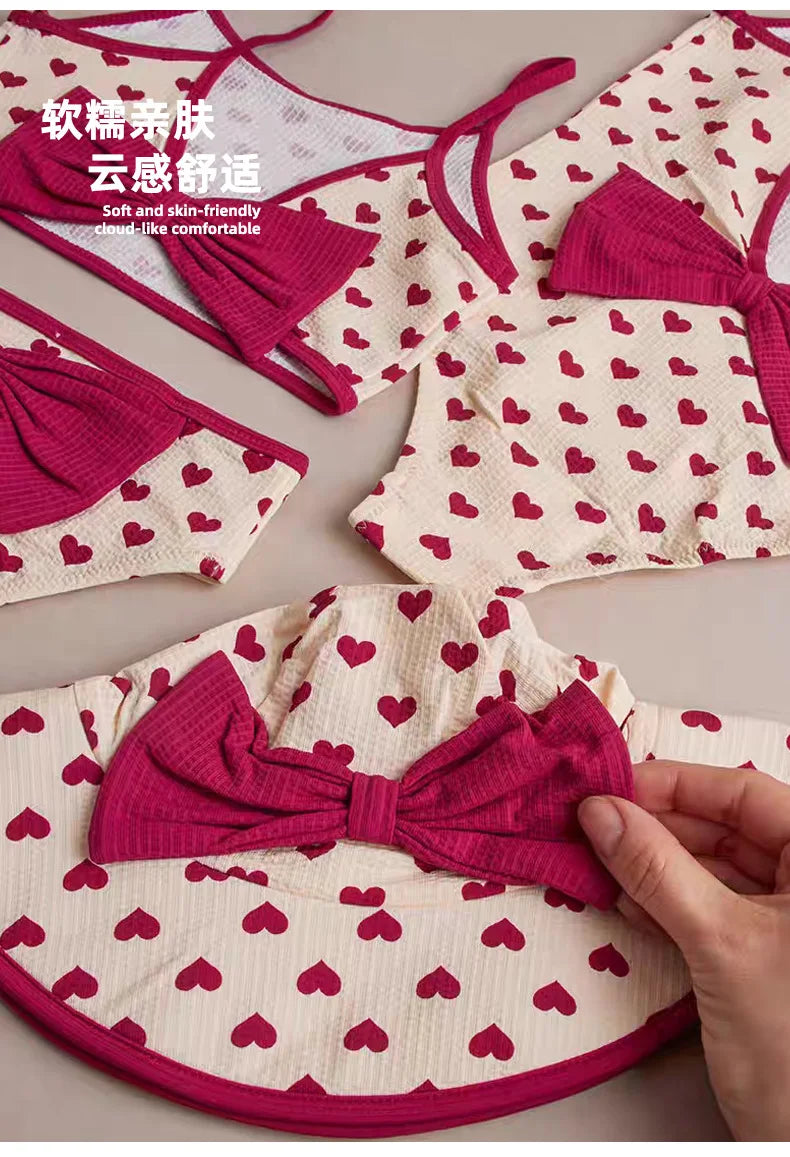 Girls Simple Color Block Swimsuit Heart Print Bikini Set Fashionable Large Bow Knot One-Piece Swimwear Summer Kids Clothing