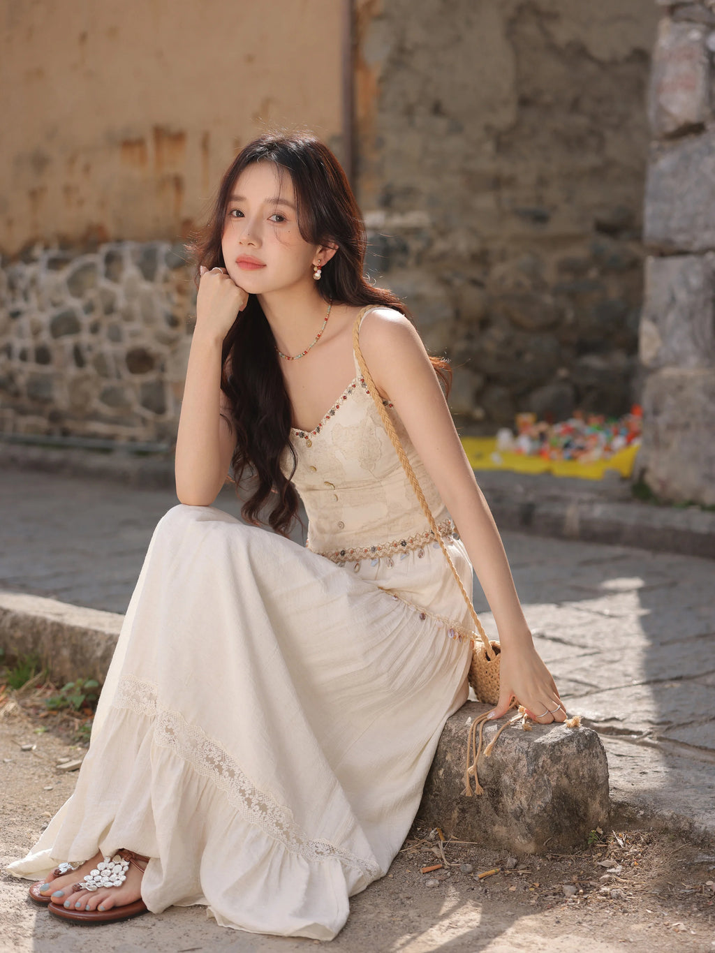 White Lace Three-Piece Set Spring Summer Slim Fit V-Neck Lace Cami Top High-Waisted A-Line Maxi Skirt Chic Red Fashion Shirt