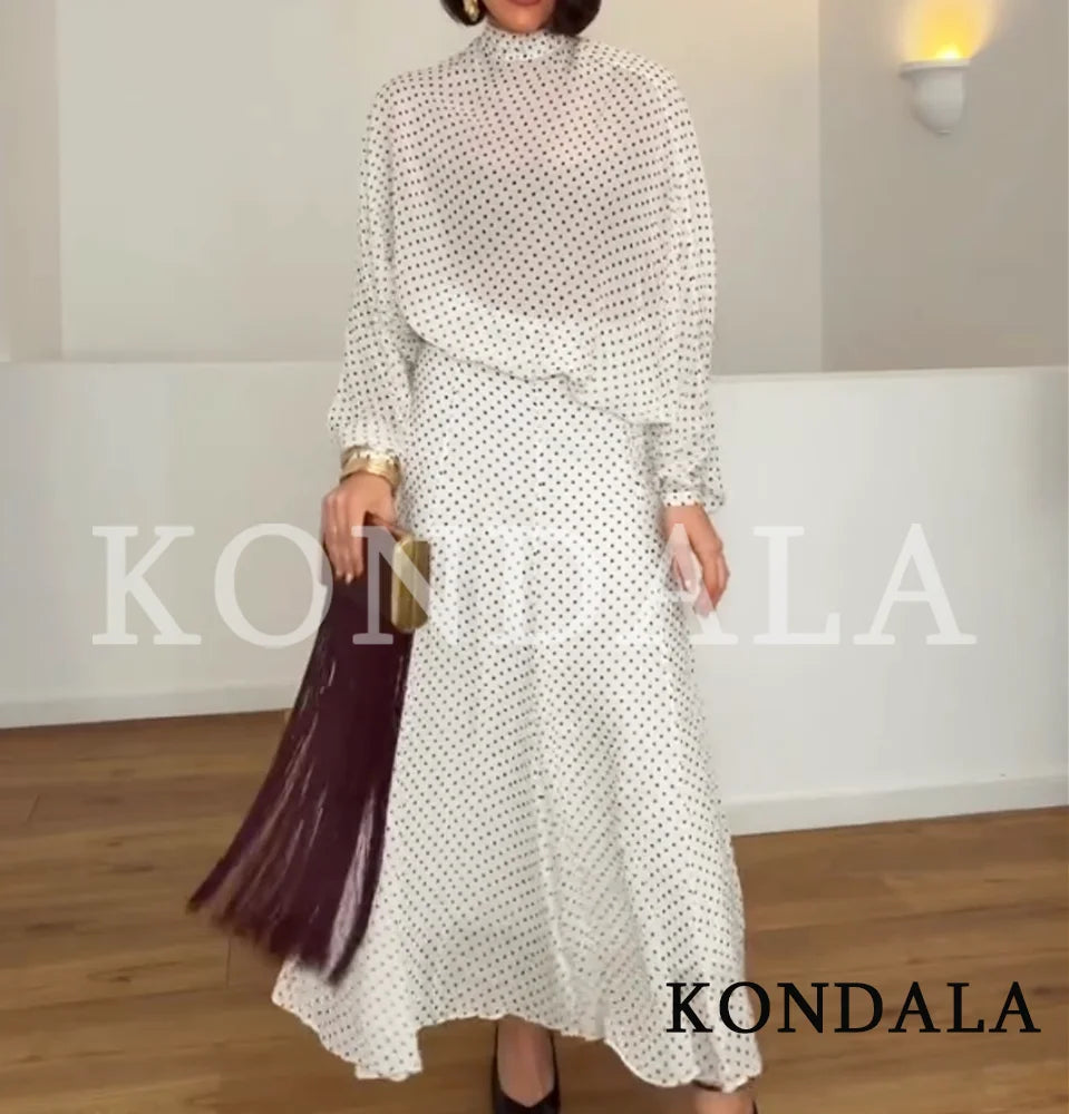 KONDALA Elegant Polka Dot Skirt Set Women's Summer Holidays Beach Casual Set Bow Collar Shirt, Midi Skirt 2026 Trendy Skirt Set