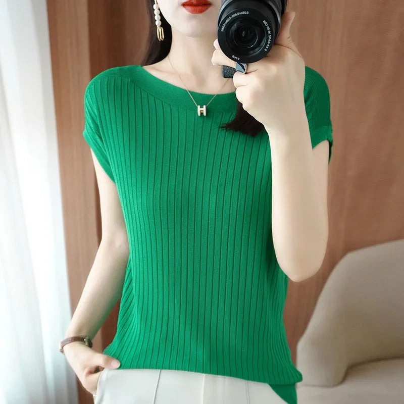 Spring Summer T-shirt Women Short Sleeves Slim Striped Innerwear Slash Neck Fashion Korean Loose Knitted T-shirt Sweater 2026