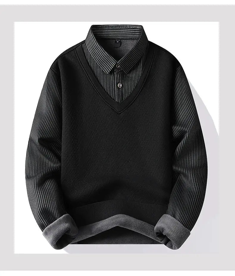 Winter Warm Thick Pullovers Men Polo Neck Fake Two Pieces Sweaters Fashion Casual Striped Fleece Lined Jumper Knitting Sweaters