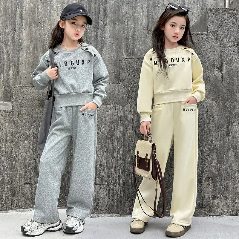 2025 teenager Gray girls Sport Suit winter spring Clothes Long Sleeve sweatshirt & wide leg Pant Casual 4 8 10 11 12 Years
