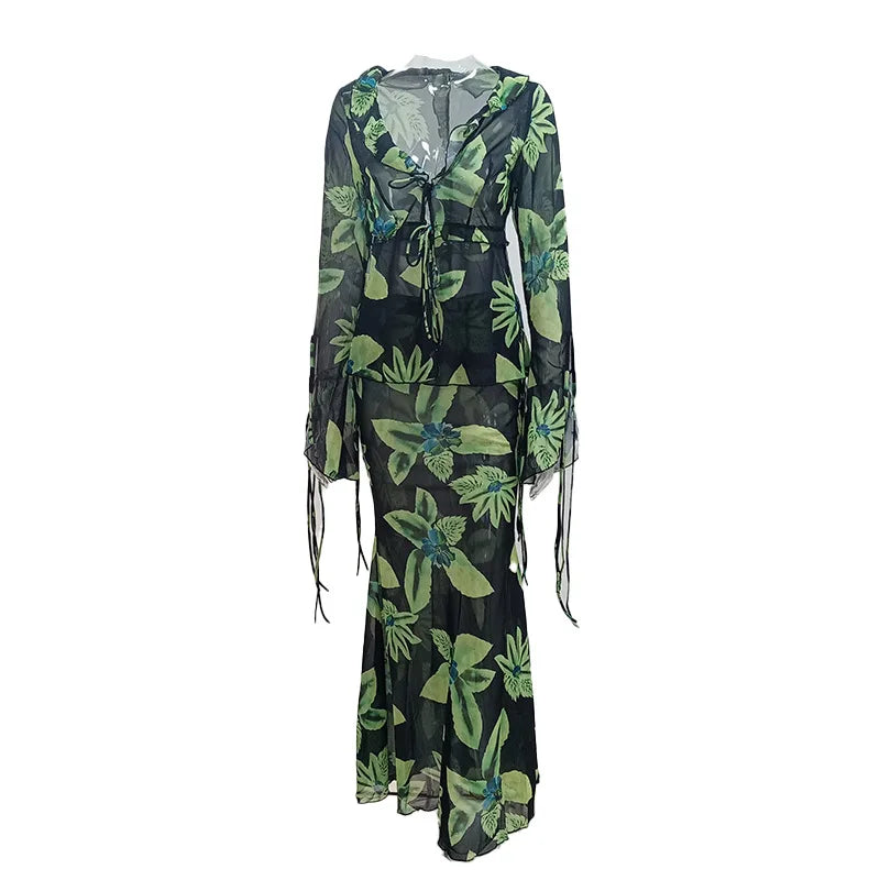 Print Y2K Mesh Long Sleeve Top Shirts Green and Maxi Skirt Bodycon Two Piece Sets Beach Outfits Women Club