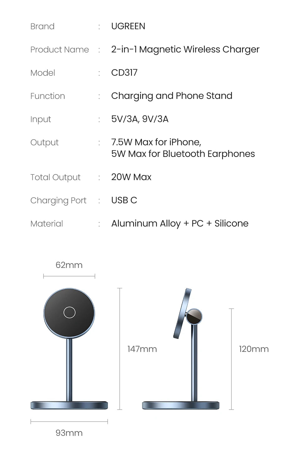 IL Special UGREEN Magnetic Wireless Charger 20W Max 2-in-1 Charging Stand For iPhone 14 Pro Max/iPhone 13/AirPods Fast Charger