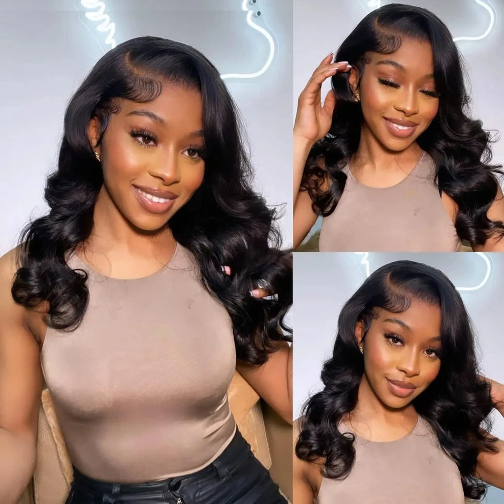 Natural Black Brazilian Body Wave Human Hair Wigs 13x4 HD Transparent Lace Front Wig Pre-Plucked 180% Density Lace Frontal Wig