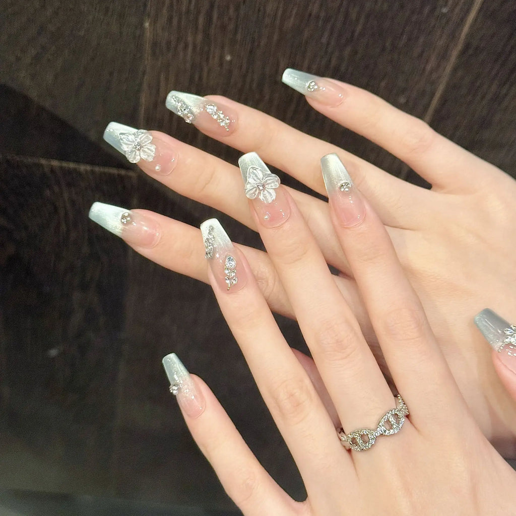 10pcs French Ballet Handmade Fake Nails Tips Pearl Cat's Eye Design False Nail Art Finished Wearable Mid-length Press on Nails