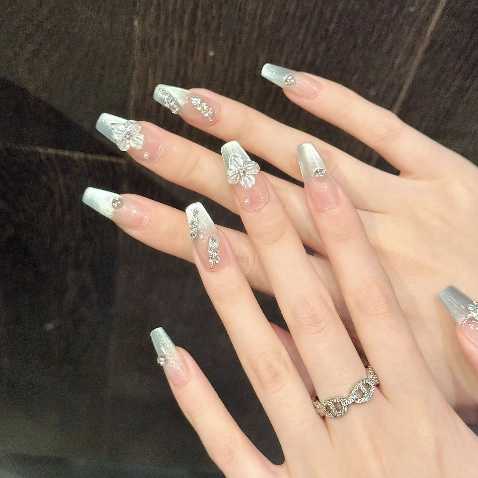 10pcs French Ballet Handmade Fake Nails Tips Pearl Cat's Eye Design False Nail Art Finished Wearable Mid-length Press on Nails