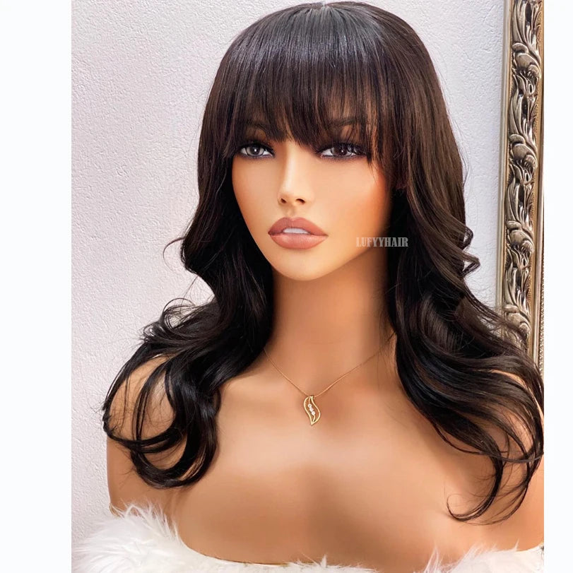 Body Wave Human Hair Wigs With Bangs 5x5 PU Silk Base Closure Wig 150% Density Malaysian Remy Hair Wavy Wigs For Women