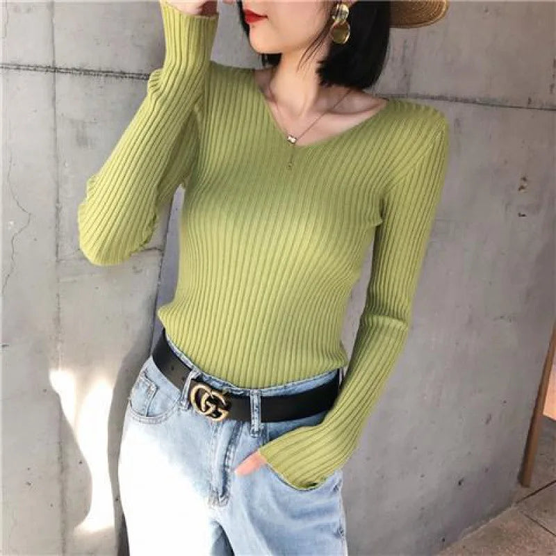 Autumn Fashion Female Long Sleeve V-neck Skinny Elastic Casual Sweater Women Knitted Shirts Pullover Top Women's Sweaters