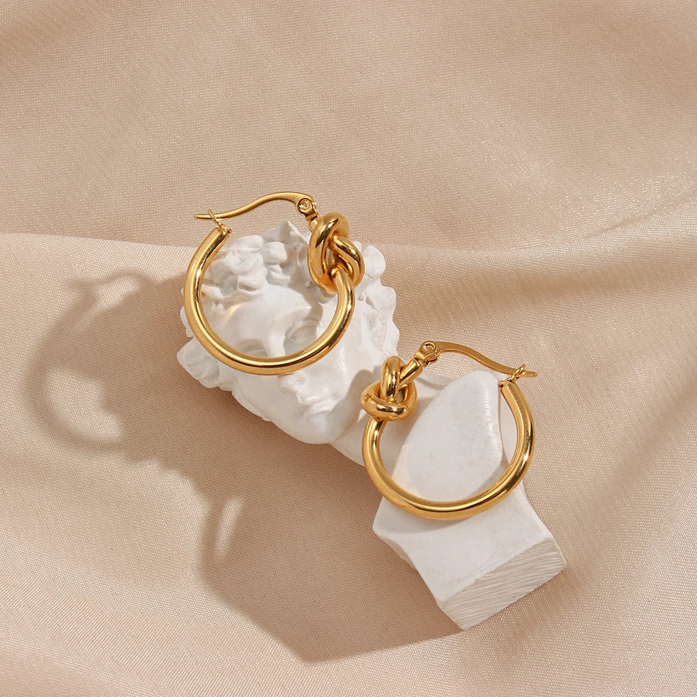E.B.belle Knot Design Stainless Steel Hoop Earrings For Women Minimalist 18K Gold Plated Round Loop Hoop Earring Jewery For Lady