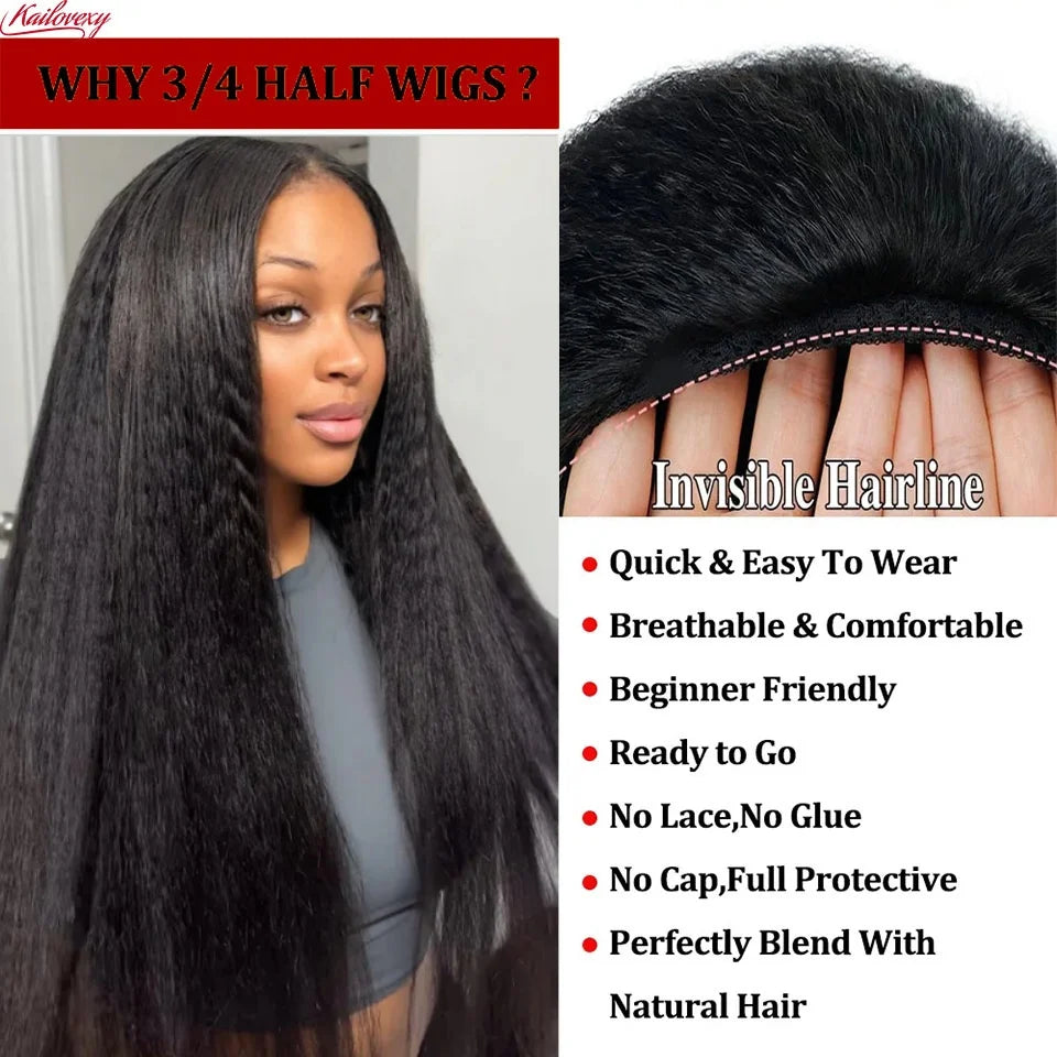 3 In 1 Half Wigs Human Hair Kinky Straight 220% Density Glueless Wear And Go Human Hair Wig No Lace Flip Over Half Wig