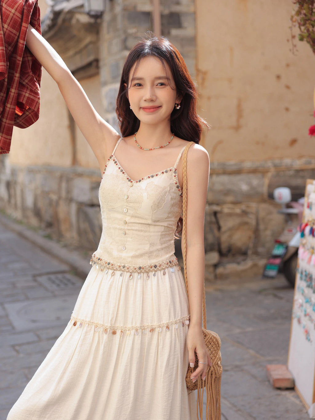 White Lace Three-Piece Set Spring Summer Slim Fit V-Neck Lace Cami Top High-Waisted A-Line Maxi Skirt Chic Red Fashion Shirt