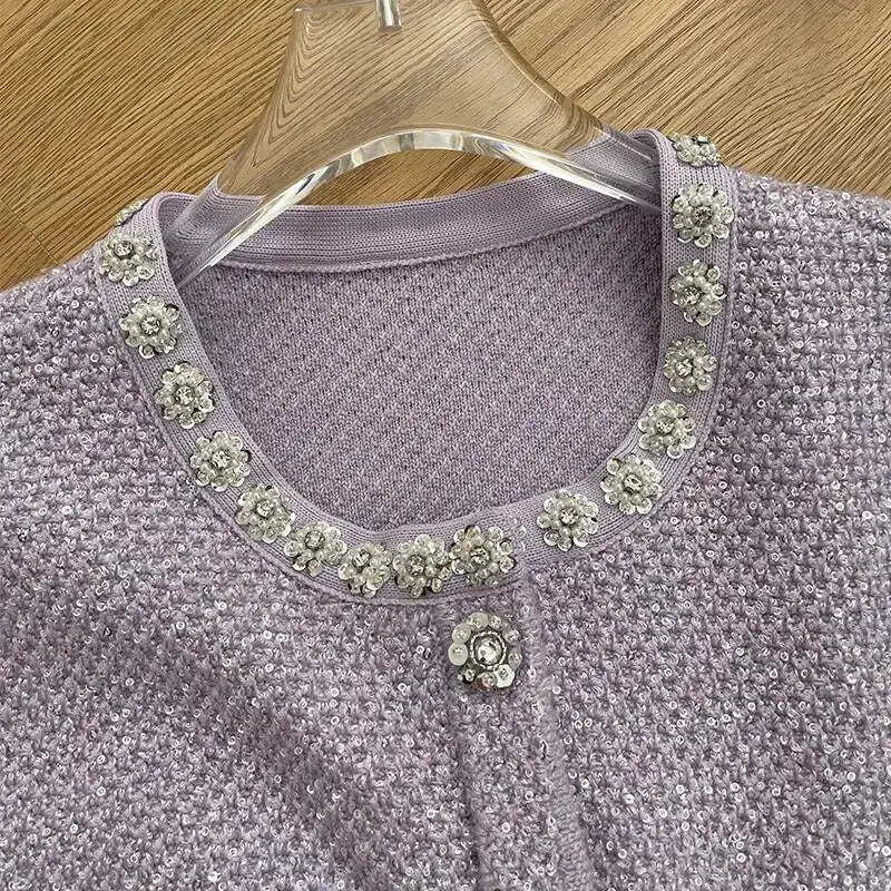 Luxury Crystal Knitted Dresses Women's 2026 Summer Holiday Single Breasted Pearl Sequins Flower Pencil Evening Party Vestidos