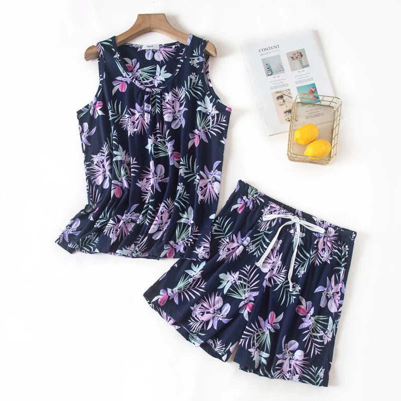 Hzioiys Summer Pajamas Sets Cotton Sleepwear Suit Women Casual Pajama Sets Cartoon Vest Shirt + Shorts Pajamas Suit Plus Size