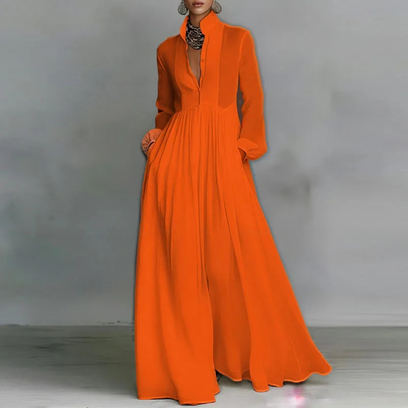 Bohemian Stand Collar Button Maxi Shirt Dress Woman Elegant High Waist Solid Party Dress Spring Long Sleeve Loose Casual Dresses
