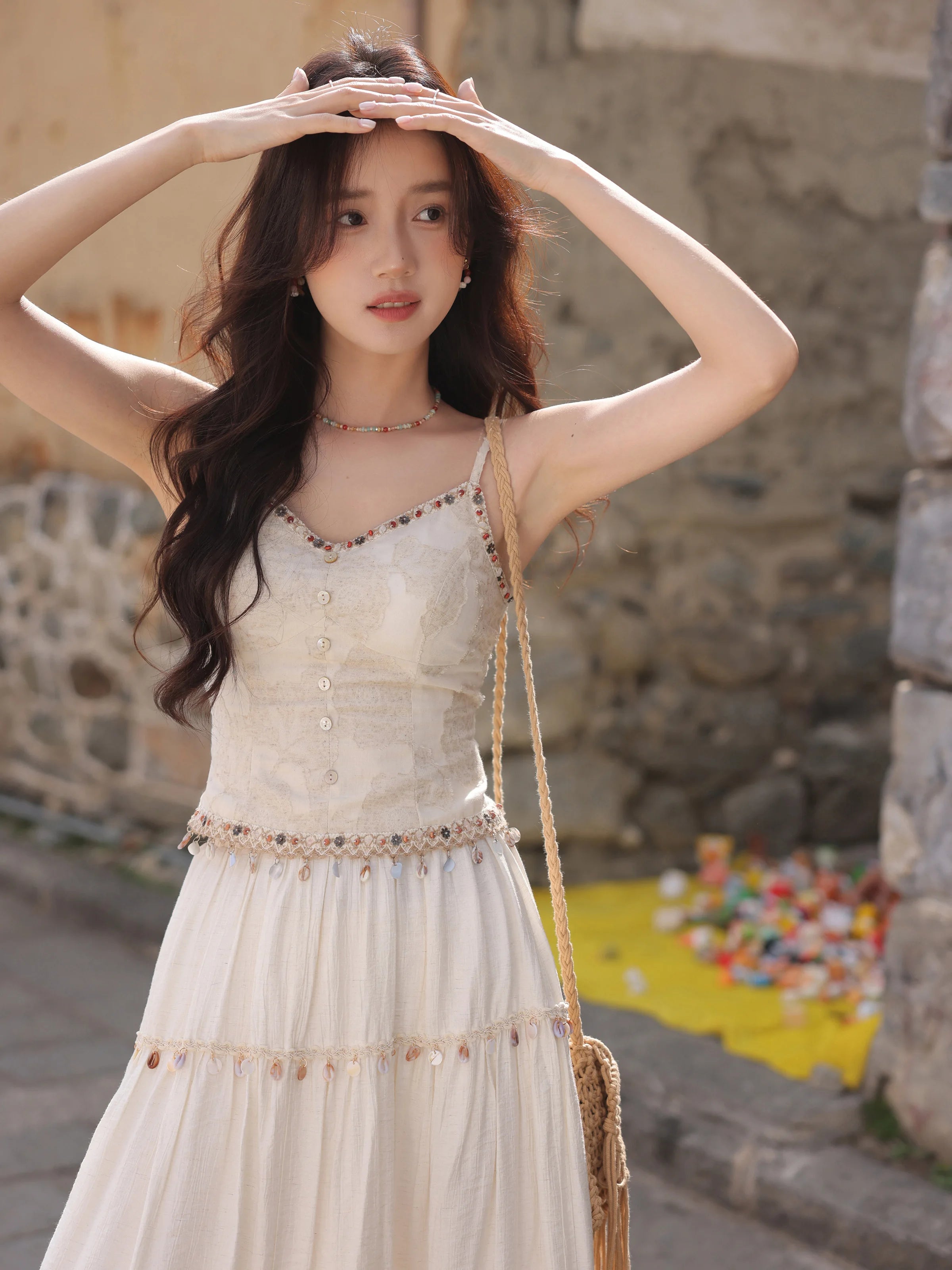 White Lace Three-Piece Set Spring Summer Slim Fit V-Neck Lace Cami Top High-Waisted A-Line Maxi Skirt Chic Red Fashion Shirt