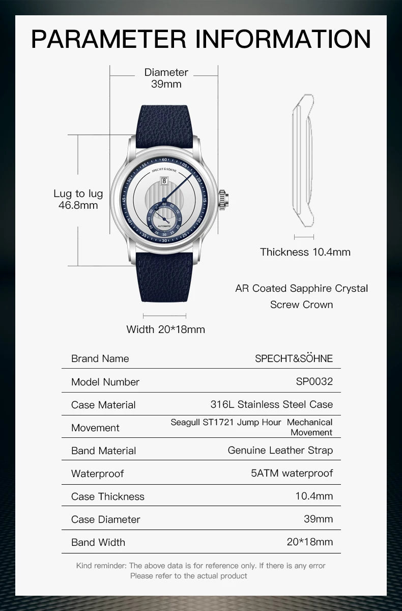 2026 Specht & Söhne New Arrivals Men Automatic Watch 39mm ST17 Jumping Hour Mechanical Wristwatch Sapphire Crystal Reloj Hombre