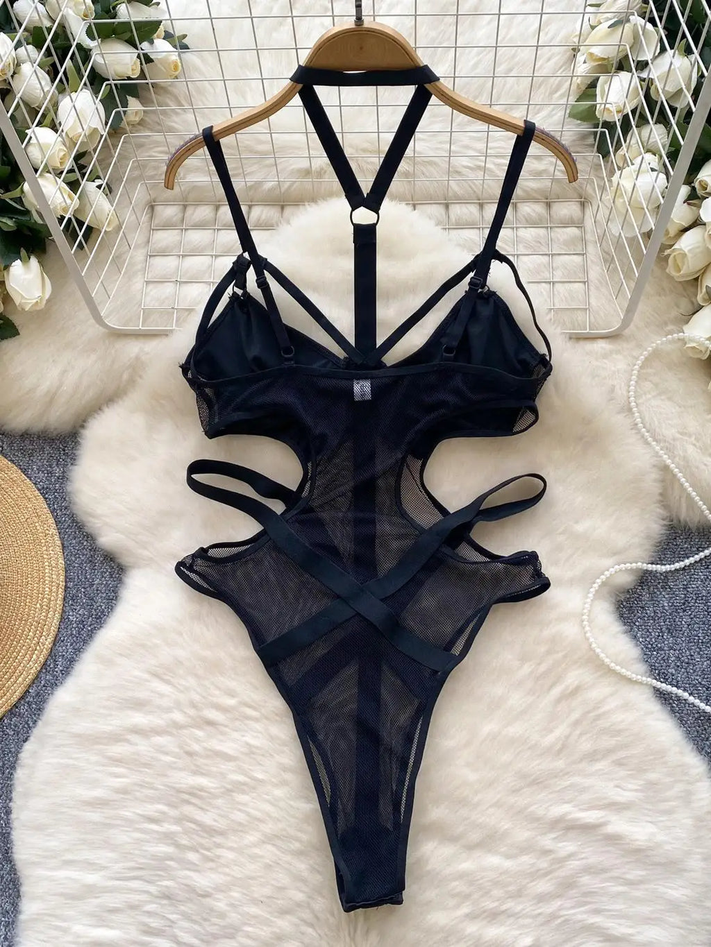 Sexy Hollow out Bridesmaid  Swimsuit Women's Pure Desire Spicy Girl Inner Wear Base Top See tough Net Strap