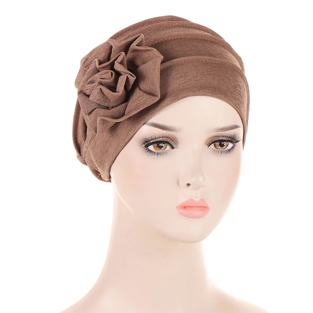 Trendy Crinkle Women's Hijab Solid Color Muslim Ladies Turban Bonnet Flower Decor Ramadan Head Wrap Head Scarf Indian Hats