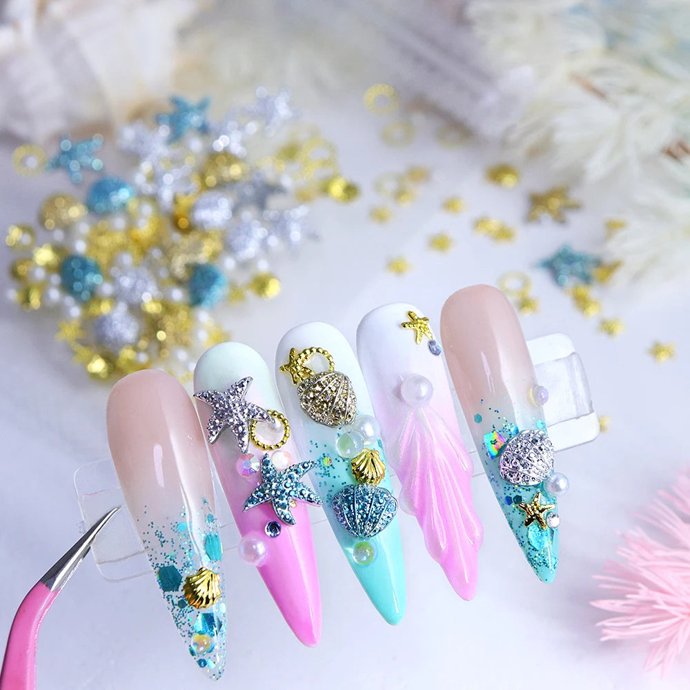 Ocean Style Seashell Starfish Nails Accessories Starfish Conch Metal Rivets Nail Charms Summer DIY Nail Art Supplies Decorations