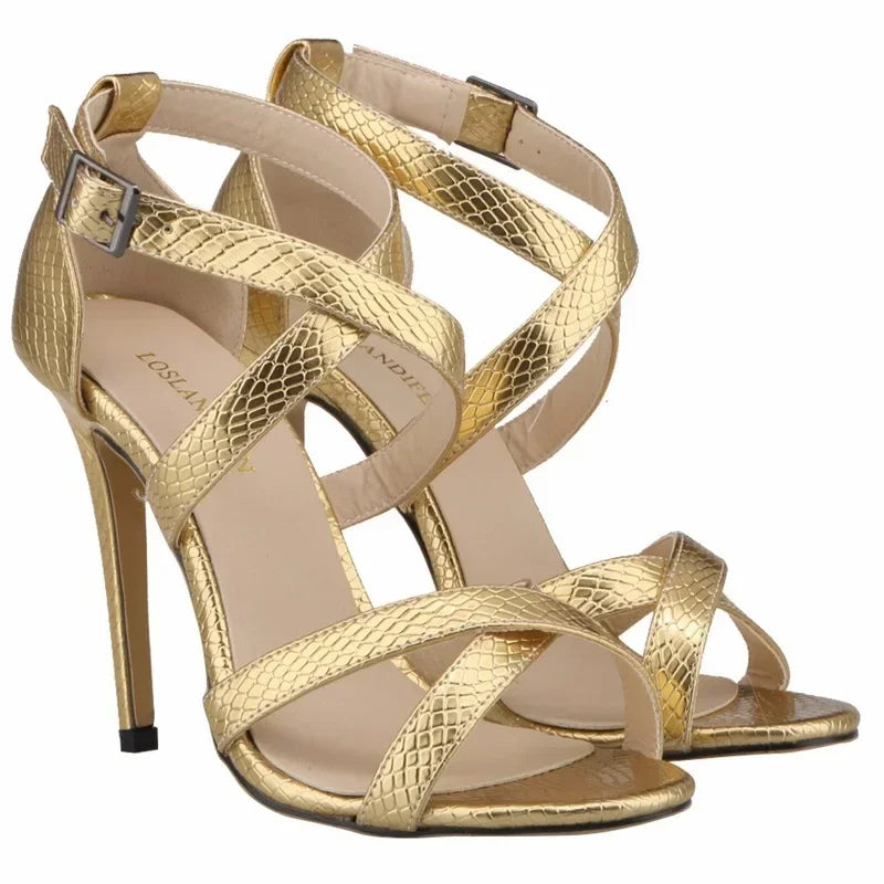 2026 New LOSLANDIFEN Women Sandals Summer Fashion Design Sexy 8CM Crocodile Leather High Heels Ladies Sandals Open Toe Shoes