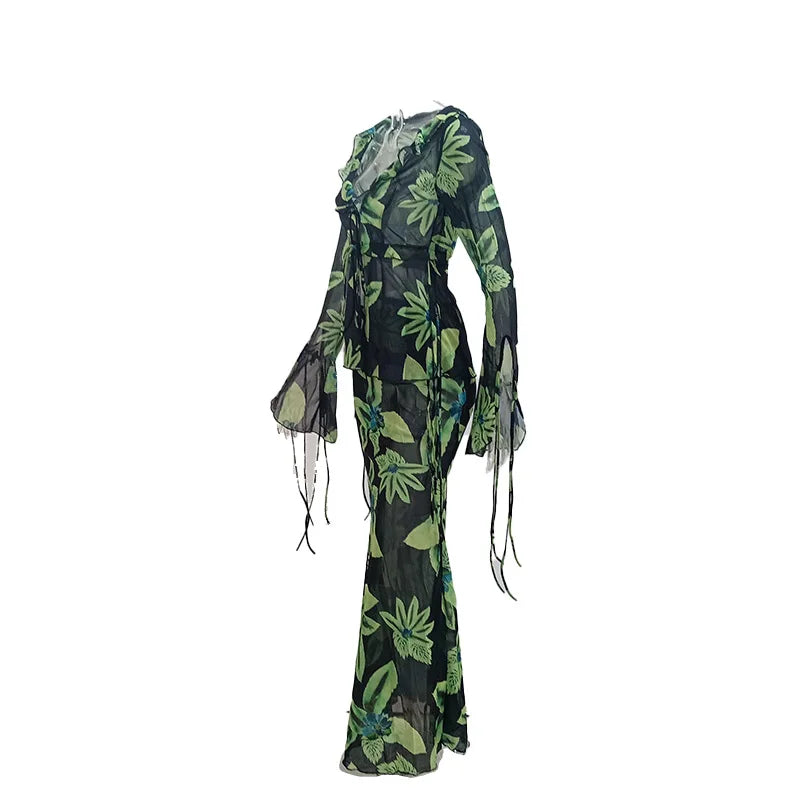 Print Y2K Mesh Long Sleeve Top Shirts Green and Maxi Skirt Bodycon Two Piece Sets Beach Outfits Women Club