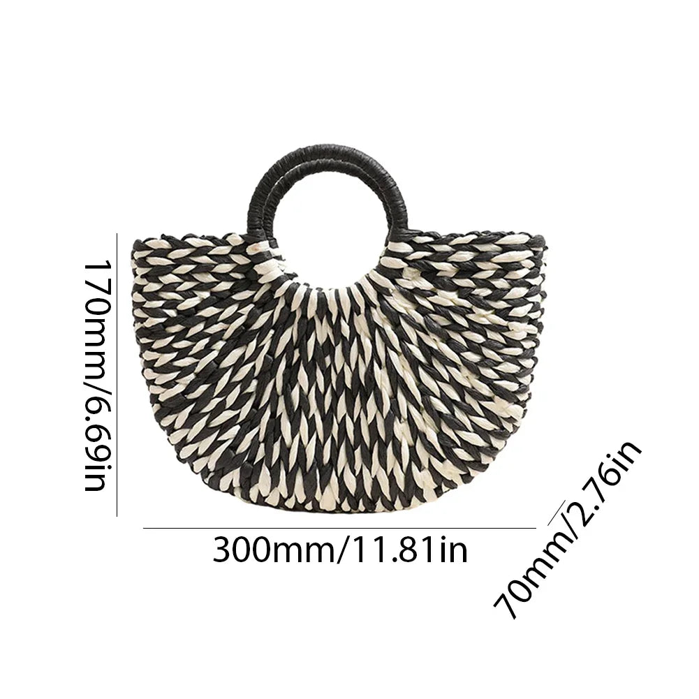 Women Straw Tote Handbag Large Capacity Semi-Circle Woven Bag Color Clash Semicircle Weaving Bag Summer Beach Handbag