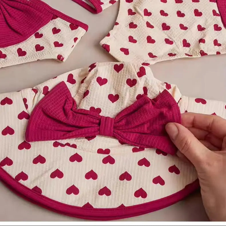 Girls Simple Color Block Swimsuit Heart Print Bikini Set Fashionable Large Bow Knot One-Piece Swimwear Summer Kids Clothing