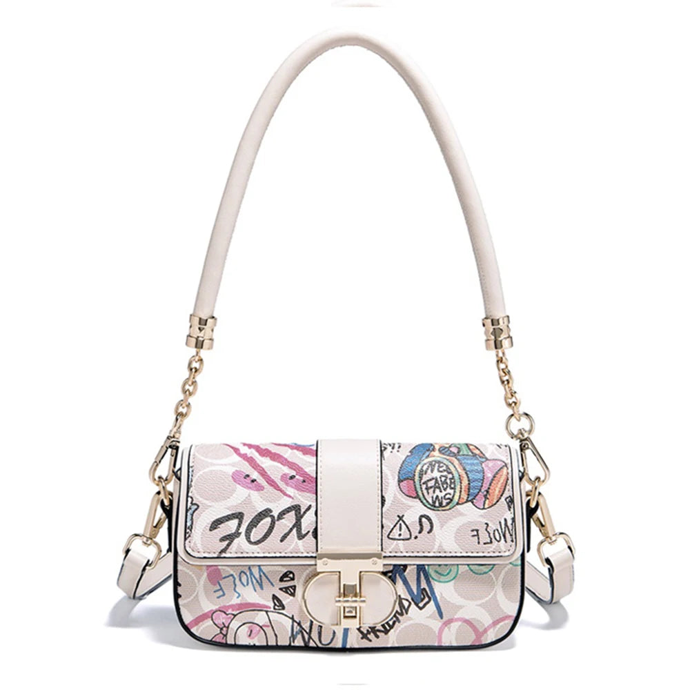 FOXER 2026 Fashion New Women's Underarm Bag PU Leather Graffiti Lady Chain Shoulder Bag Trendy Niche Design Crossbody Bag