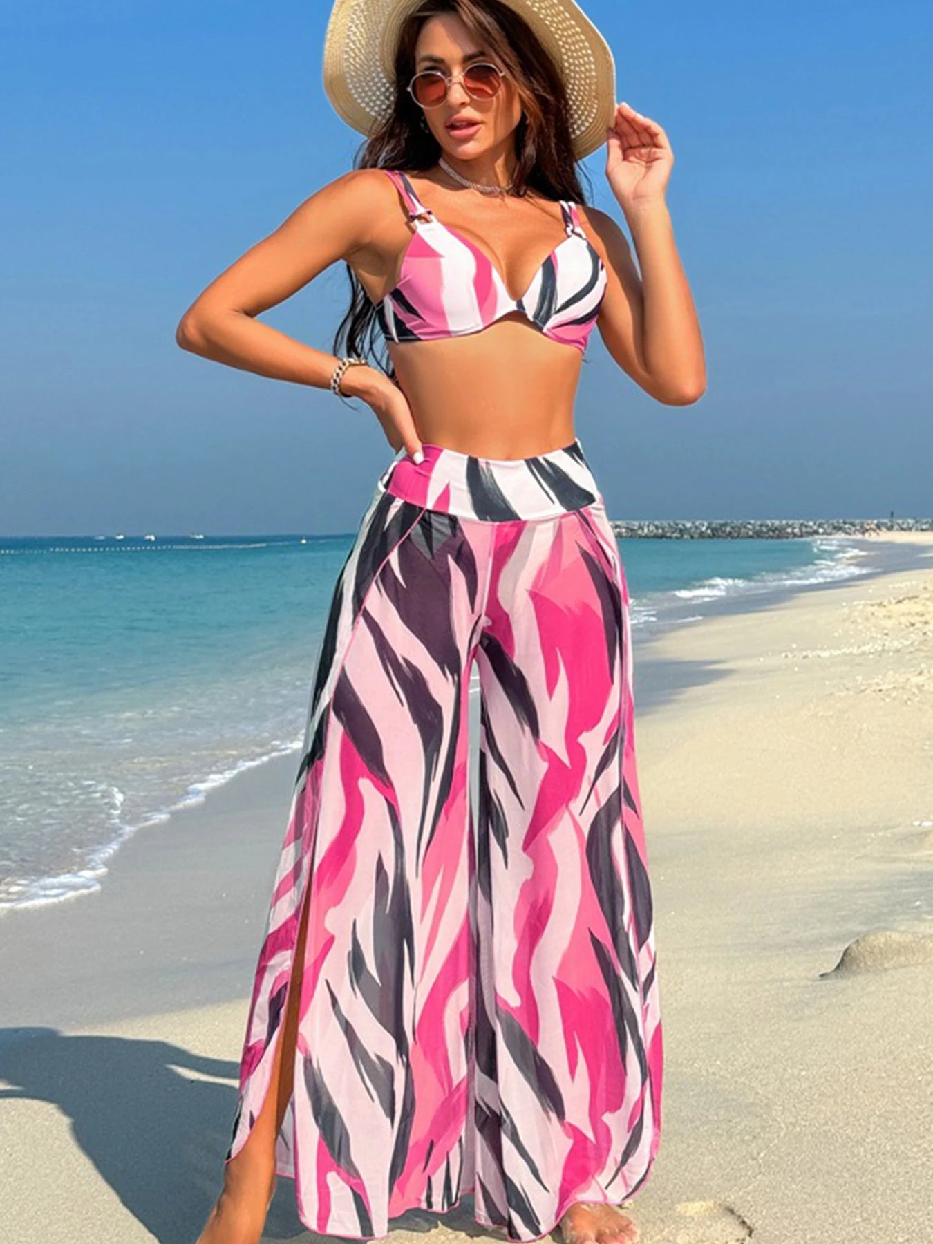 2025 New Sexy Three Pieces Bikini Sets Swimsuit For Women Swimwear And High Split Beach Pants Swimming Suit For Women Beachwear