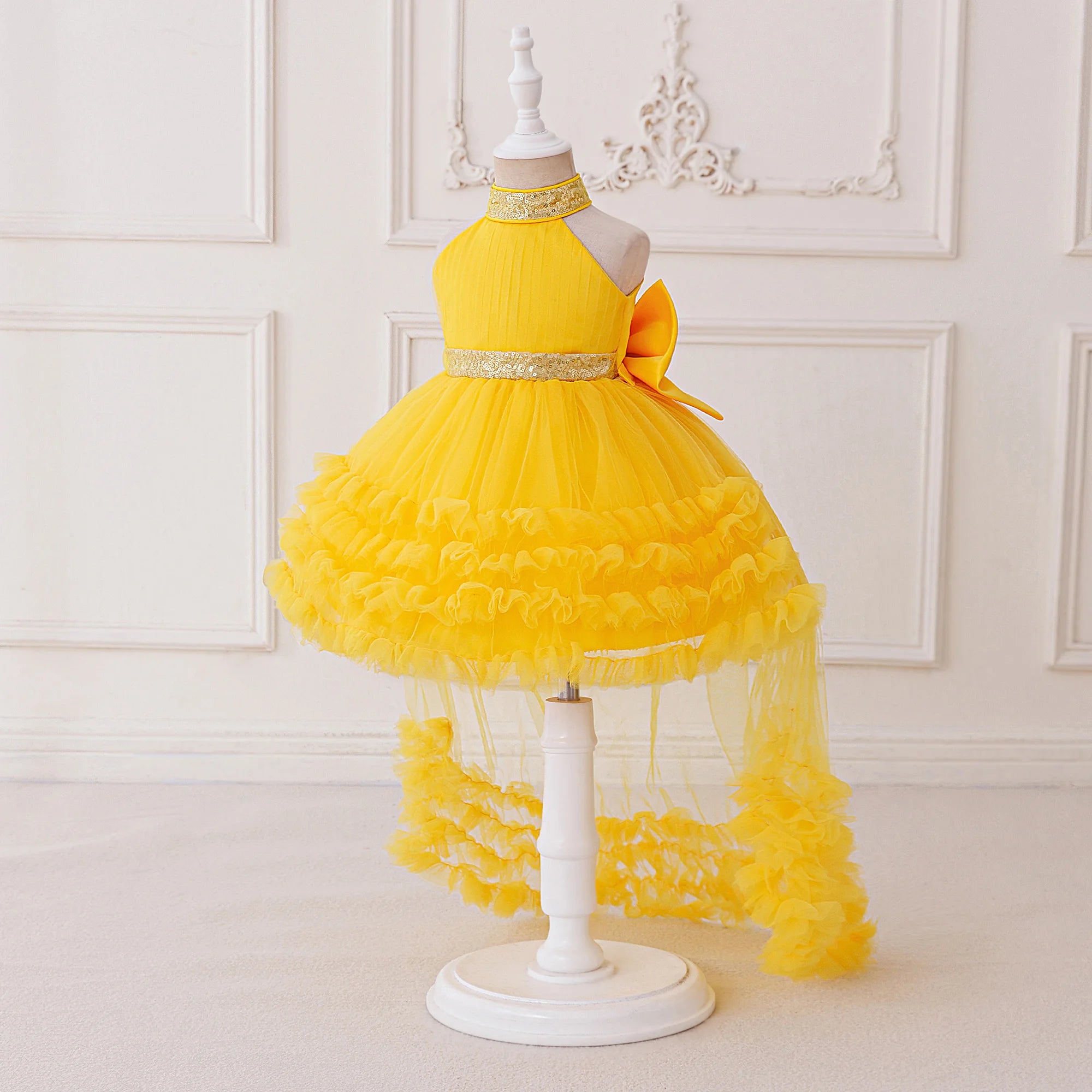Trailing Big Bow Party Baby Girls Dresses Sequin Baptism Bridesmaid Costume Toddler Birthday Princess Dress Wedding Evening Gown